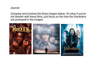 Journal:

Compare and contrast the three images below. It's okay if you're
not familiar with these films, just focus on the how the characters
are portrayed in the images.
 