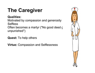 The Caregiver
Qualities:
Motivated by compassion and generosity
Selfless
Often becomes a martyr ("No good deed goes
unpunished")

Quest: To help others

Virtue: Compassion and Selflessness
 