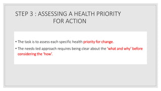 STEP 3 : ASSESSING A HEALTH PRIORITY
FOR ACTION
• The task is to assess each specific health priority for change.
• The needs-led approach requires being clear about the ‘what and why’ before
considering the ‘how’.
 
