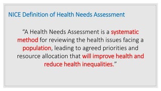 NICE Definition of Health Needs Assessment
“A Health Needs Assessment is a systematic
method for reviewing the health issues facing a
population, leading to agreed priorities and
resource allocation that will improve health and
reduce health inequalities.”
 