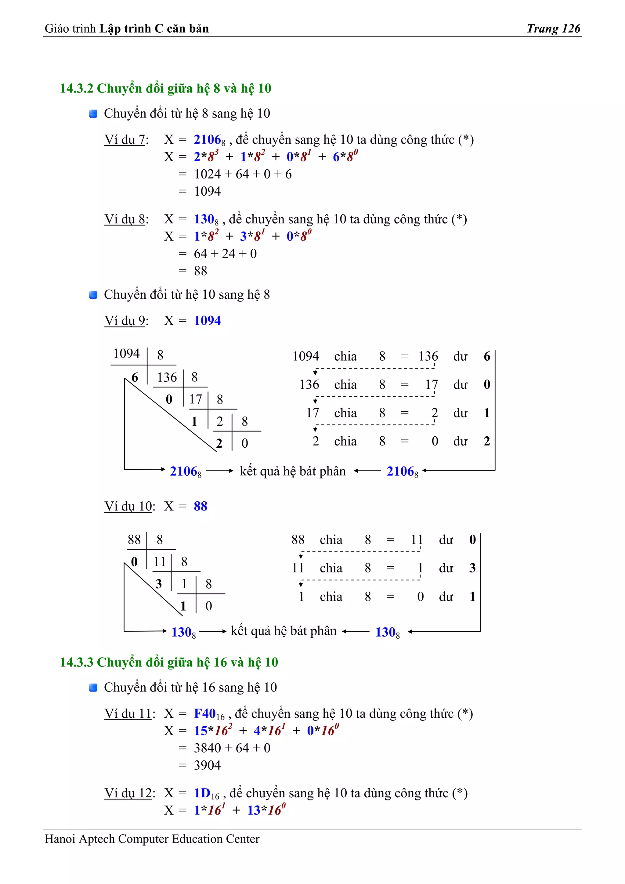 Giáo trình Lập trình C căn bản                                                                                          Trang 126



  14.3.2 Chuyển đổi giữa hệ 8 và hệ 10
          Chuyển đổi từ hệ 8 sang hệ 10
          Ví dụ 7:       X = 21068 , để chuyển sang hệ 10 ta dùng công thức (*)
                         X = 2*83 + 1*82 + 0*81 + 6*80
                           = 1024 + 64 + 0 + 6
                           = 1094

          Ví dụ 8:       X = 1308 , để chuyển sang hệ 10 ta dùng công thức (*)
                         X = 1*82 + 3*81 + 0*80
                           = 64 + 24 + 0
                           = 88
          Chuyển đổi từ hệ 10 sang hệ 8
          Ví dụ 9:       X = 1094

            1094     8                                  1094         chia       8       = 136              dư       6
               6     136         8
                                                          136        chia       8       =        17        dư       0
                         0       17       8
                                                              17     chia       8       =         2        dư       1
                                 1        2    8
                                          2    0               2     chia       8       =         0        dư       2

                          21068                kết quả hệ bát phân                  21068

          Ví dụ 10: X = 88

               88    8                                  88         chia     8       =       11        dư        0
               0     11      8                          11         chia     8       =        1        dư        3
                     3       1        8
                                                          1        chia     8       =        0        dư        1
                             1        0
                          1308                kết quả hệ bát phân               1308

  14.3.3 Chuyển đổi giữa hệ 16 và hệ 10
          Chuyển đổi từ hệ 16 sang hệ 10
          Ví dụ 11: X = F4016 , để chuyển sang hệ 10 ta dùng công thức (*)
                    X = 15*162 + 4*161 + 0*160
                      = 3840 + 64 + 0
                      = 3904

          Ví dụ 12: X = 1D16 , để chuyển sang hệ 10 ta dùng công thức (*)
                    X = 1*161 + 13*160

Hanoi Aptech Computer Education Center
 