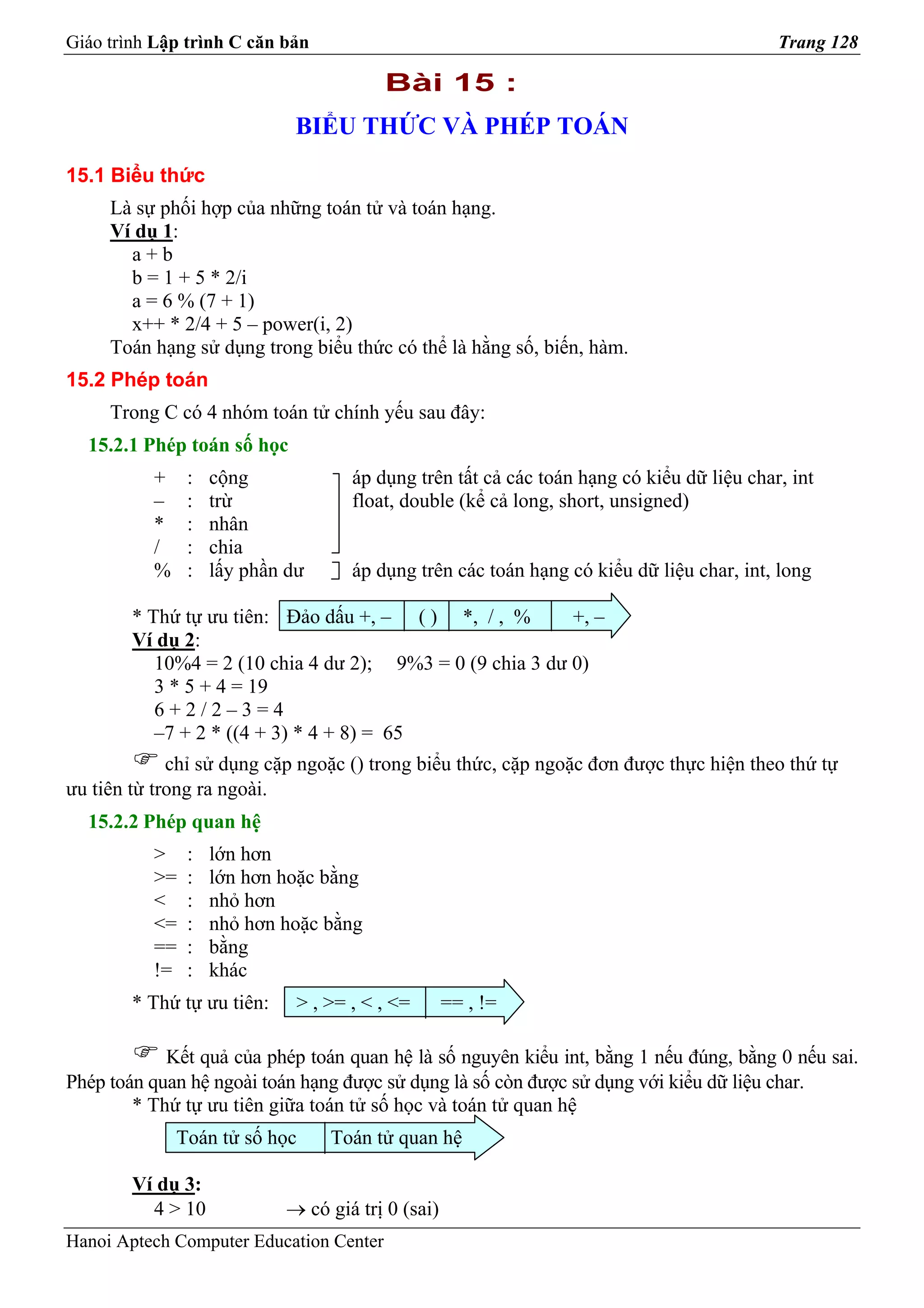 Giáo trình Lập trình C căn bản                                                            Trang 128

                                         Bài 15 :
                             BIỂU THỨC VÀ PHÉP TOÁN
15.1 Biểu thức
     Là sự phối hợp của những toán tử và toán hạng.
     Ví dụ 1:
       a+b
       b = 1 + 5 * 2/i
       a = 6 % (7 + 1)
       x++ * 2/4 + 5 – power(i, 2)
     Toán hạng sử dụng trong biểu thức có thể là hằng số, biến, hàm.
15.2 Phép toán
     Trong C có 4 nhóm toán tử chính yếu sau đây:
  15.2.1 Phép toán số học
          +    :   cộng             áp dụng trên tất cả các toán hạng có kiểu dữ liệu char, int
          –    :   trừ              float, double (kể cả long, short, unsigned)
          *    :   nhân
          /    :   chia
          %    :   lấy phần dư      áp dụng trên các toán hạng có kiểu dữ liệu char, int, long

        * Thứ tự ưu tiên: Đảo dấu +, – ( ) *, / , %        +, –
        Ví dụ 2:
           10%4 = 2 (10 chia 4 dư 2); 9%3 = 0 (9 chia 3 dư 0)
           3 * 5 + 4 = 19
           6+2/2–3=4
           –7 + 2 * ((4 + 3) * 4 + 8) = 65
             chỉ sử dụng cặp ngoặc () trong biểu thức, cặp ngoặc đơn được thực hiện theo thứ tự
ưu tiên từ trong ra ngoài.
  15.2.2 Phép quan hệ
          >    :   lớn hơn
          >=   :   lớn hơn hoặc bằng
          <    :   nhỏ hơn
          <=   :   nhỏ hơn hoặc bằng
          ==   :   bằng
          !=   :   khác
        * Thứ tự ưu tiên:    > , >= , < , <=       == , !=

            Kết quả của phép toán quan hệ là số nguyên kiểu int, bằng 1 nếu đúng, bằng 0 nếu sai.
Phép toán quan hệ ngoài toán hạng được sử dụng là số còn được sử dụng với kiểu dữ liệu char.
        * Thứ tự ưu tiên giữa toán tử số học và toán tử quan hệ
              Toán tử số học     Toán tử quan hệ

        Ví dụ 3:
          4 > 10            → có giá trị 0 (sai)
Hanoi Aptech Computer Education Center
 