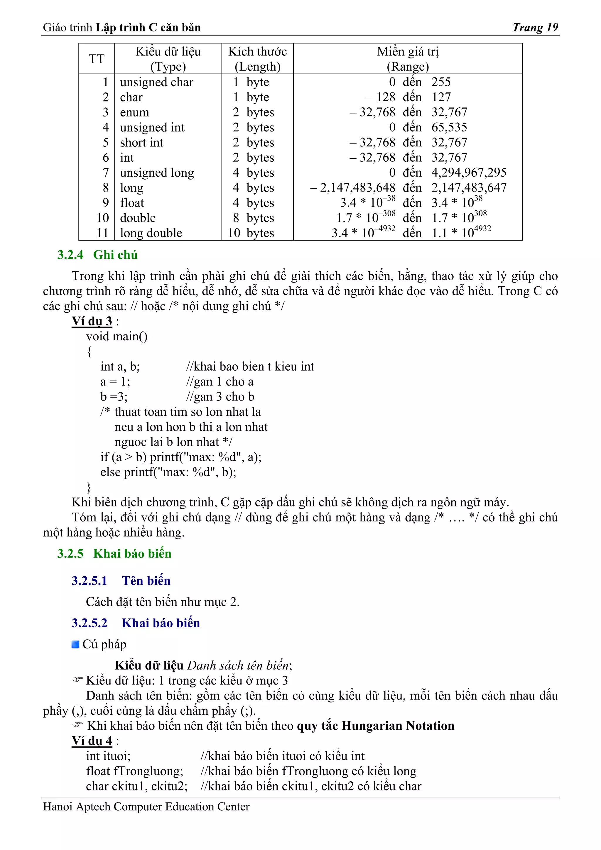 Giáo trình Lập trình C căn bản                                                         Trang 19

                   Kiểu dữ liệu   Kích thước                  Miền giá trị
        TT
                     (Type)        (Length)                     (Range)
           1   unsigned char       1 byte                        0 đến 255
           2   char                1 byte                   – 128 đến 127
           3   enum                2 bytes               – 32,768 đến 32,767
           4   unsigned int        2 bytes                       0 đến 65,535
           5   short int           2 bytes               – 32,768 đến 32,767
           6   int                 2 bytes               – 32,768 đến 32,767
           7   unsigned long       4 bytes                       0 đến 4,294,967,295
           8   long                4 bytes       – 2,147,483,648 đến 2,147,483,647
           9   float               4 bytes             3.4 * 10–38 đến 3.4 * 1038
          10   double              8 bytes            1.7 * 10–308 đến 1.7 * 10308
          11   long double        10 bytes           3.4 * 10–4932 đến 1.1 * 104932
  3.2.4 Ghi chú
     Trong khi lập trình cần phải ghi chú để giải thích các biến, hằng, thao tác xử lý giúp cho
chương trình rõ ràng dễ hiểu, dễ nhớ, dễ sửa chữa và để người khác đọc vào dễ hiểu. Trong C có
các ghi chú sau: // hoặc /* nội dung ghi chú */
     Ví dụ 3 :
        void main()
        {
           int a, b;          //khai bao bien t kieu int
           a = 1;             //gan 1 cho a
           b =3;              //gan 3 cho b
           /* thuat toan tim so lon nhat la
               neu a lon hon b thi a lon nhat
               nguoc lai b lon nhat */
           if (a > b) printf("max: %d", a);
           else printf("max: %d", b);
        }
     Khi biên dịch chương trình, C gặp cặp dấu ghi chú sẽ không dịch ra ngôn ngữ máy.
     Tóm lại, đối với ghi chú dạng // dùng để ghi chú một hàng và dạng /* …. */ có thể ghi chú
một hàng hoặc nhiều hàng.
  3.2.5 Khai báo biến

     3.2.5.1   Tên biến
        Cách đặt tên biến như mục 2.
     3.2.5.2   Khai báo biến
       Cú pháp
                Kiểu dữ liệu Danh sách tên biến;
         Kiểu dữ liệu: 1 trong các kiểu ở mục 3
         Danh sách tên biến: gồm các tên biến có cùng kiểu dữ liệu, mỗi tên biến cách nhau dấu
phẩy (,), cuối cùng là dấu chấm phẩy (;).
         Khi khai báo biến nên đặt tên biến theo quy tắc Hungarian Notation
     Ví dụ 4 :
         int ituoi;            //khai báo biến ituoi có kiểu int
         float fTrongluong; //khai báo biến fTrongluong có kiểu long
         char ckitu1, ckitu2; //khai báo biến ckitu1, ckitu2 có kiểu char
Hanoi Aptech Computer Education Center
 