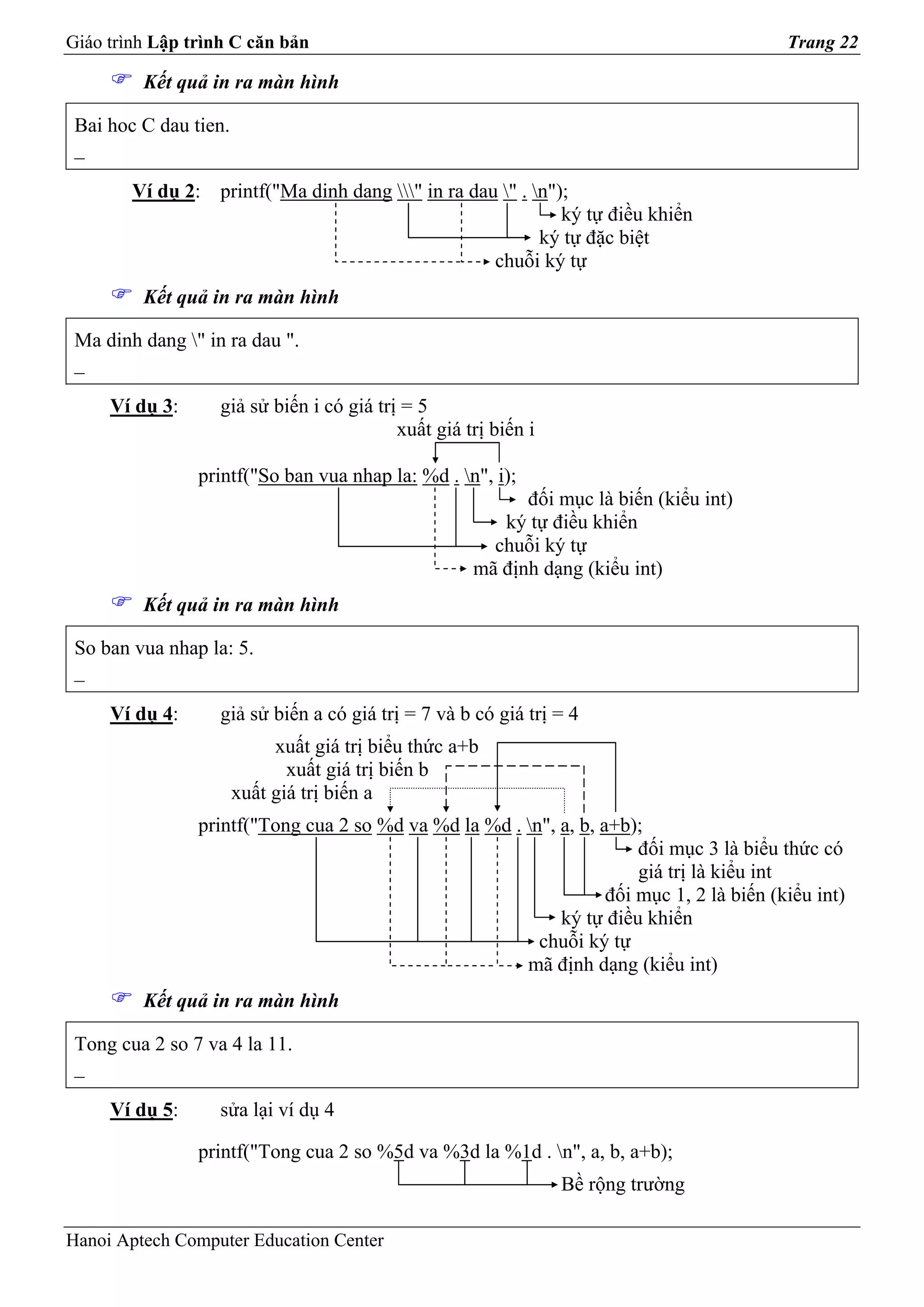 Giáo trình Lập trình C căn bản                                                            Trang 22

         Kết quả in ra màn hình

 Bai hoc C dau tien.
 _

        Ví dụ 2: printf("Ma dinh dang " in ra dau " . n");
                                                              ký tự điều khiển
                                                           ký tự đặc biệt
                                                    chuỗi ký tự
         Kết quả in ra màn hình

 Ma dinh dang " in ra dau ".
 _

     Ví dụ 3:      giả sử biến i có giá trị = 5
                                           xuất giá trị biến i

                printf("So ban vua nhap la: %d . n", i);
                                                           đối mục là biến (kiểu int)
                                                        ký tự điều khiển
                                                       chuỗi ký tự
                                                     mã định dạng (kiểu int)
         Kết quả in ra màn hình

 So ban vua nhap la: 5.
 _

     Ví dụ 4:      giả sử biến a có giá trị = 7 và b có giá trị = 4
                            xuất giá trị biểu thức a+b
                              xuất giá trị biến b
                       xuất giá trị biến a
                printf("Tong cua 2 so %d va %d la %d . n", a, b, a+b);
                                                                       đối mục 3 là biểu thức có
                                                                       giá trị là kiểu int
                                                                   đối mục 1, 2 là biến (kiểu int)
                                                            ký tự điều khiển
                                                         chuỗi ký tự
                                                       mã định dạng (kiểu int)
         Kết quả in ra màn hình

 Tong cua 2 so 7 va 4 la 11.
 _

     Ví dụ 5:      sửa lại ví dụ 4

                printf("Tong cua 2 so %5d va %3d la %1d . n", a, b, a+b);
                                                                 Bề rộng trường

Hanoi Aptech Computer Education Center
 