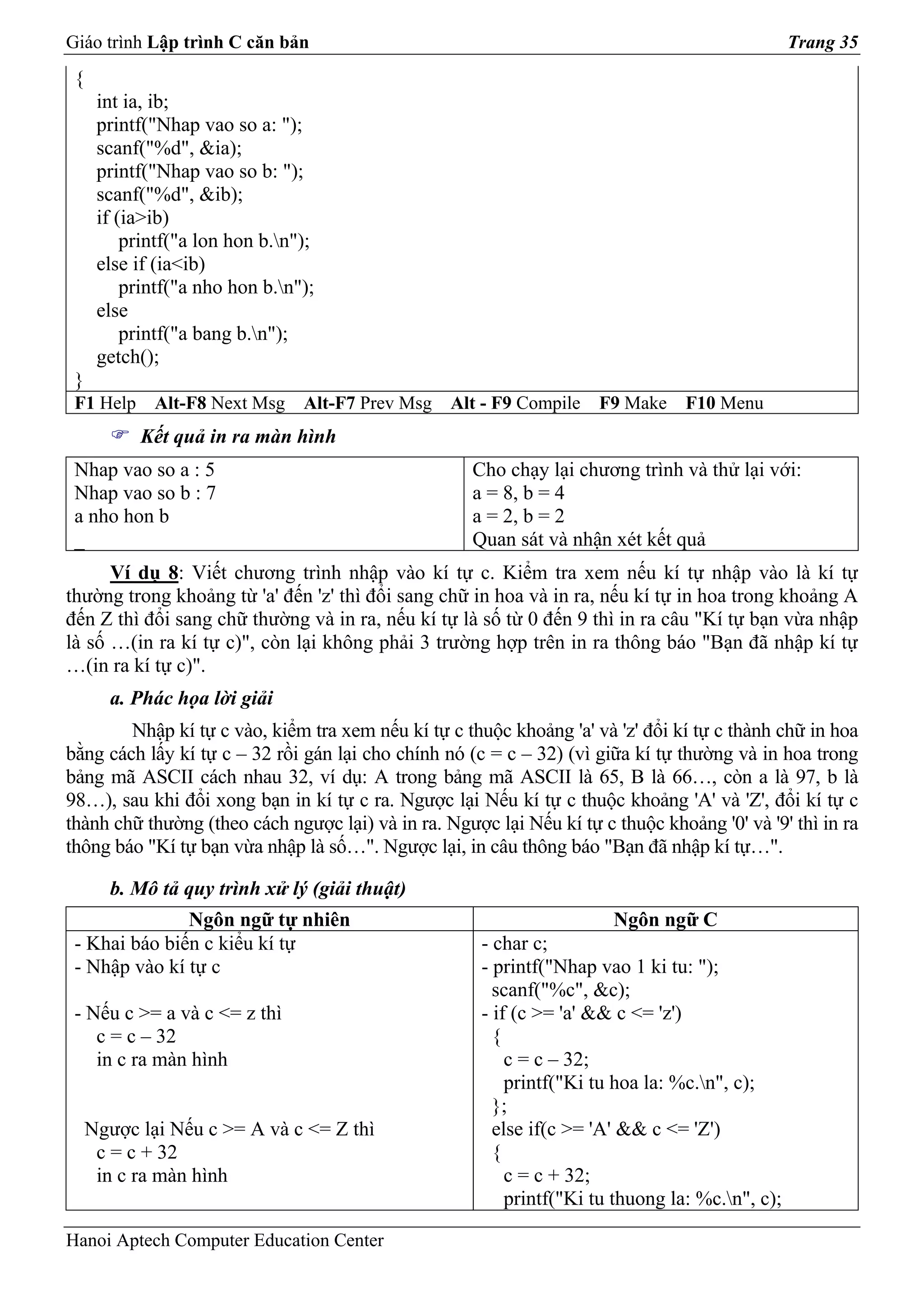 Giáo trình Lập trình C căn bản                                                                   Trang 35
 {
      int ia, ib;
      printf("Nhap vao so a: ");
      scanf("%d", &ia);
      printf("Nhap vao so b: ");
      scanf("%d", &ib);
      if (ia>ib)
          printf("a lon hon b.n");
      else if (ia<ib)
          printf("a nho hon b.n");
      else
          printf("a bang b.n");
      getch();
 }
 F1 Help     Alt-F8 Next Msg     Alt-F7 Prev Msg   Alt - F9 Compile   F9 Make    F10 Menu
           Kết quả in ra màn hình
 Nhap vao so a : 5                                   Cho chạy lại chương trình và thử lại với:
 Nhap vao so b : 7                                   a = 8, b = 4
 a nho hon b                                         a = 2, b = 2
 _                                                   Quan sát và nhận xét kết quả
      Ví dụ 8: Viết chương trình nhập vào kí tự c. Kiểm tra xem nếu kí tự nhập vào là kí tự
thường trong khoảng từ 'a' đến 'z' thì đổi sang chữ in hoa và in ra, nếu kí tự in hoa trong khoảng A
đến Z thì đổi sang chữ thường và in ra, nếu kí tự là số từ 0 đến 9 thì in ra câu "Kí tự bạn vừa nhập
là số …(in ra kí tự c)", còn lại không phải 3 trường hợp trên in ra thông báo "Bạn đã nhập kí tự
…(in ra kí tự c)".
       a. Phác họa lời giải
        Nhập kí tự c vào, kiểm tra xem nếu kí tự c thuộc khoảng 'a' và 'z' đổi kí tự c thành chữ in hoa
bằng cách lấy kí tự c – 32 rồi gán lại cho chính nó (c = c – 32) (vì giữa kí tự thường và in hoa trong
bảng mã ASCII cách nhau 32, ví dụ: A trong bảng mã ASCII là 65, B là 66…, còn a là 97, b là
98…), sau khi đổi xong bạn in kí tự c ra. Ngược lại Nếu kí tự c thuộc khoảng 'A' và 'Z', đổi kí tự c
thành chữ thường (theo cách ngược lại) và in ra. Ngược lại Nếu kí tự c thuộc khoảng '0' và '9' thì in ra
thông báo "Kí tự bạn vừa nhập là số…". Ngược lại, in câu thông báo "Bạn đã nhập kí tự…".

       b. Mô tả quy trình xử lý (giải thuật)
               Ngôn ngữ tự nhiên                                         Ngôn ngữ C
 - Khai báo biến c kiểu kí tự                         - char c;
 - Nhập vào kí tự c                                   - printf("Nhap vao 1 ki tu: ");
                                                        scanf("%c", &c);
 - Nếu c >= a và c <= z thì                           - if (c >= 'a' && c <= 'z')
    c = c – 32                                          {
    in c ra màn hình                                      c = c – 32;
                                                          printf("Ki tu hoa la: %c.n", c);
                                                        };
     Ngược lại Nếu c >= A và c <= Z thì                 else if(c >= 'A' && c <= 'Z')
      c = c + 32                                        {
      in c ra màn hình                                    c = c + 32;
                                                          printf("Ki tu thuong la: %c.n", c);

Hanoi Aptech Computer Education Center
 