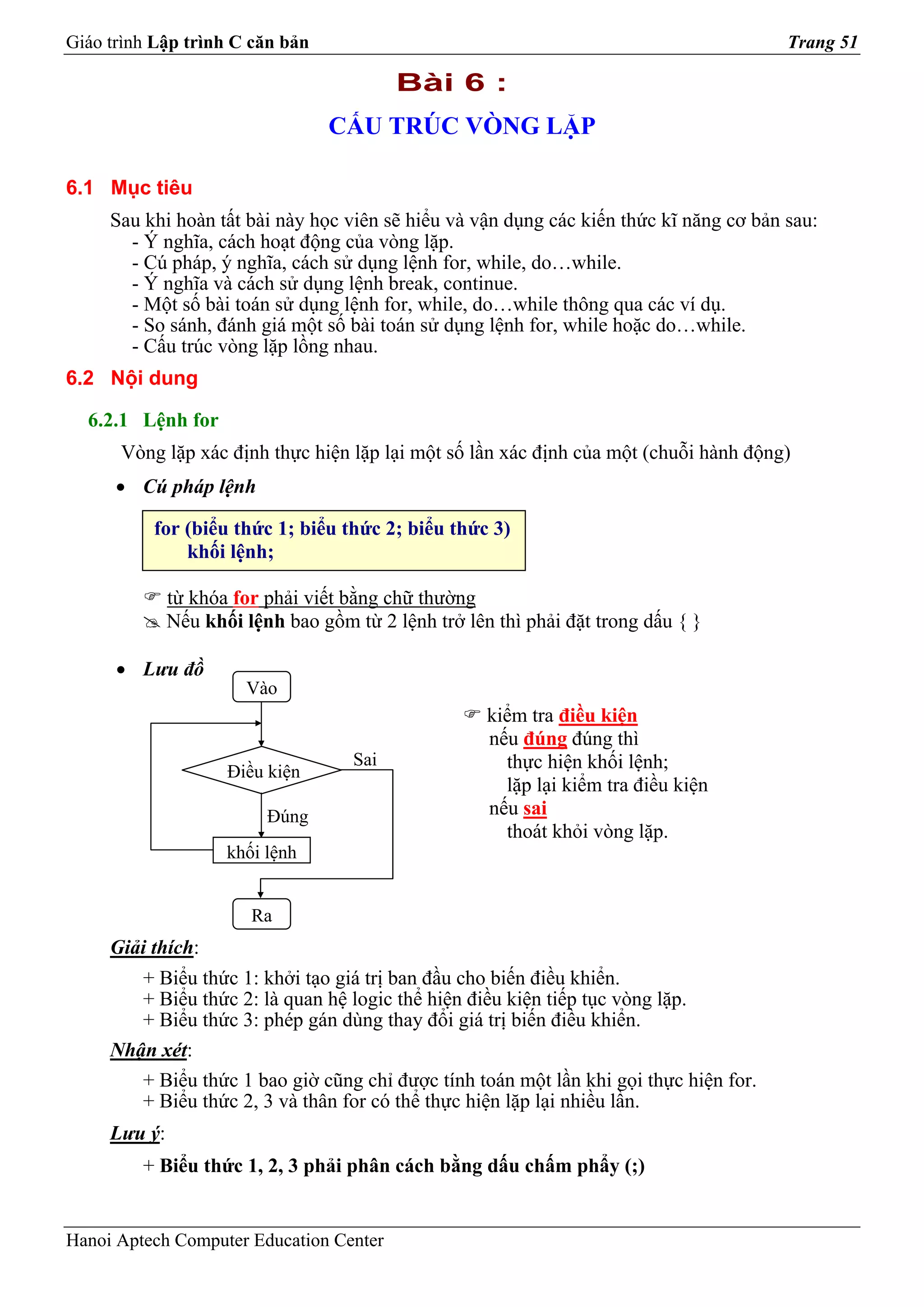 Giáo trình Lập trình C căn bản                                                          Trang 51

                                           Bài 6 :
                                 CẤU TRÚC VÒNG LẶP

6.1 Mục tiêu
     Sau khi hoàn tất bài này học viên sẽ hiểu và vận dụng các kiến thức kĩ năng cơ bản sau:
       - Ý nghĩa, cách hoạt động của vòng lặp.
       - Cú pháp, ý nghĩa, cách sử dụng lệnh for, while, do…while.
       - Ý nghĩa và cách sử dụng lệnh break, continue.
       - Một số bài toán sử dụng lệnh for, while, do…while thông qua các ví dụ.
       - So sánh, đánh giá một số bài toán sử dụng lệnh for, while hoặc do…while.
       - Cấu trúc vòng lặp lồng nhau.
6.2 Nội dung

  6.2.1 Lệnh for
      Vòng lặp xác định thực hiện lặp lại một số lần xác định của một (chuỗi hành động)
      • Cú pháp lệnh

          for (biểu thức 1; biểu thức 2; biểu thức 3)
              khối lệnh;

              từ khóa for phải viết bằng chữ thường
              Nếu khối lệnh bao gồm từ 2 lệnh trở lên thì phải đặt trong dấu { }

      • Lưu đồ
                       Vào
                                                     kiểm tra điều kiện
                                                     nếu đúng đúng thì
                                     Sai               thực hiện khối lệnh;
                     Điều kiện
                                                       lặp lại kiểm tra điều kiện
                          Đúng                       nếu sai
                                                       thoát khỏi vòng lặp.
                     khối lệnh


                        Ra
     Giải thích:
        + Biểu thức 1: khởi tạo giá trị ban đầu cho biến điều khiển.
        + Biểu thức 2: là quan hệ logic thể hiện điều kiện tiếp tục vòng lặp.
        + Biểu thức 3: phép gán dùng thay đổi giá trị biến điều khiển.
     Nhận xét:
        + Biểu thức 1 bao giờ cũng chỉ được tính toán một lần khi gọi thực hiện for.
        + Biểu thức 2, 3 và thân for có thể thực hiện lặp lại nhiều lần.
     Lưu ý:
         + Biểu thức 1, 2, 3 phải phân cách bằng dấu chấm phẩy (;)


Hanoi Aptech Computer Education Center
 