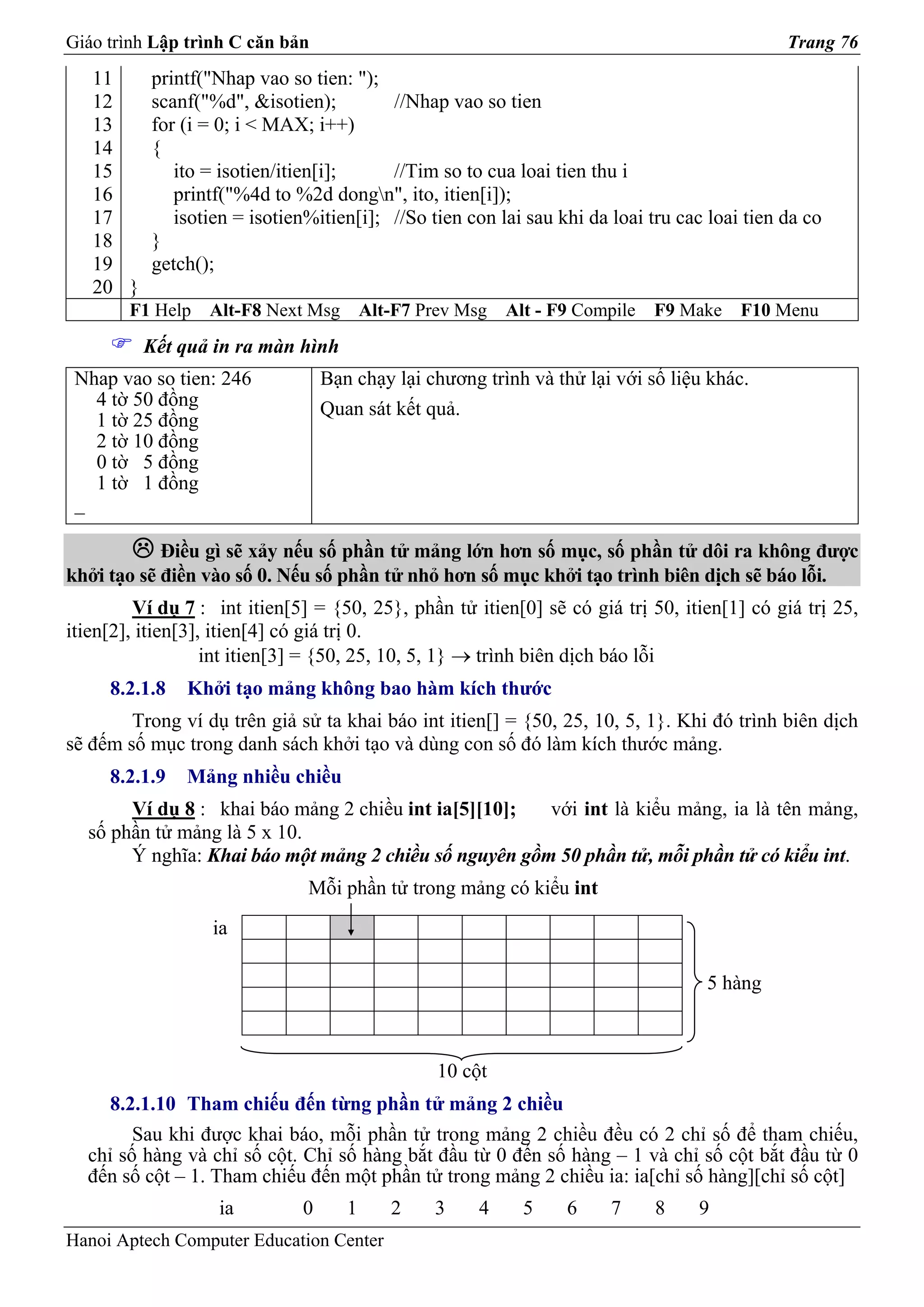 Giáo trình Lập trình C căn bản                                                                Trang 76
   11      printf("Nhap vao so tien: ");
   12      scanf("%d", &isotien);         //Nhap vao so tien
   13      for (i = 0; i < MAX; i++)
   14      {
   15         ito = isotien/itien[i];     //Tim so to cua loai tien thu i
   16         printf("%4d to %2d dongn", ito, itien[i]);
   17         isotien = isotien%itien[i]; //So tien con lai sau khi da loai tru cac loai tien da co
   18      }
   19      getch();
   20 }
        F1 Help   Alt-F8 Next Msg        Alt-F7 Prev Msg   Alt - F9 Compile   F9 Make   F10 Menu
          Kết quả in ra màn hình
 Nhap vao so tien: 246            Bạn chạy lại chương trình và thử lại với số liệu khác.
   4 tờ 50 đồng                   Quan sát kết quả.
   1 tờ 25 đồng
   2 tờ 10 đồng
   0 tờ 5 đồng
   1 tờ 1 đồng
 _

            Điều gì sẽ xảy nếu số phần tử mảng lớn hơn số mục, số phần tử dôi ra không được
khởi tạo sẽ điền vào số 0. Nếu số phần tử nhỏ hơn số mục khởi tạo trình biên dịch sẽ báo lỗi.
         Ví dụ 7 : int itien[5] = {50, 25}, phần tử itien[0] sẽ có giá trị 50, itien[1] có giá trị 25,
itien[2], itien[3], itien[4] có giá trị 0.
                   int itien[3] = {50, 25, 10, 5, 1} → trình biên dịch báo lỗi
     8.2.1.8   Khởi tạo mảng không bao hàm kích thước
        Trong ví dụ trên giả sử ta khai báo int itien[] = {50, 25, 10, 5, 1}. Khi đó trình biên dịch
sẽ đếm số mục trong danh sách khởi tạo và dùng con số đó làm kích thước mảng.
     8.2.1.9   Mảng nhiều chiều
       Ví dụ 8 : khai báo mảng 2 chiều int ia[5][10];  với int là kiểu mảng, ia là tên mảng,
  số phần tử mảng là 5 x 10.
       Ý nghĩa: Khai báo một mảng 2 chiều số nguyên gồm 50 phần tử, mỗi phần tử có kiểu int.
                               Mỗi phần tử trong mảng có kiểu int
                   ia

                                                                                   5 hàng



                                                  10 cột
     8.2.1.10 Tham chiếu đến từng phần tử mảng 2 chiều
        Sau khi được khai báo, mỗi phần tử trong mảng 2 chiều đều có 2 chỉ số để tham chiếu,
  chỉ số hàng và chỉ số cột. Chỉ số hàng bắt đầu từ 0 đến số hàng – 1 và chỉ số cột bắt đầu từ 0
  đến số cột – 1. Tham chiếu đến một phần tử trong mảng 2 chiều ia: ia[chỉ số hàng][chỉ số cột]
                   ia         0      1      2    3     4     5    6    7      8   9
Hanoi Aptech Computer Education Center
 