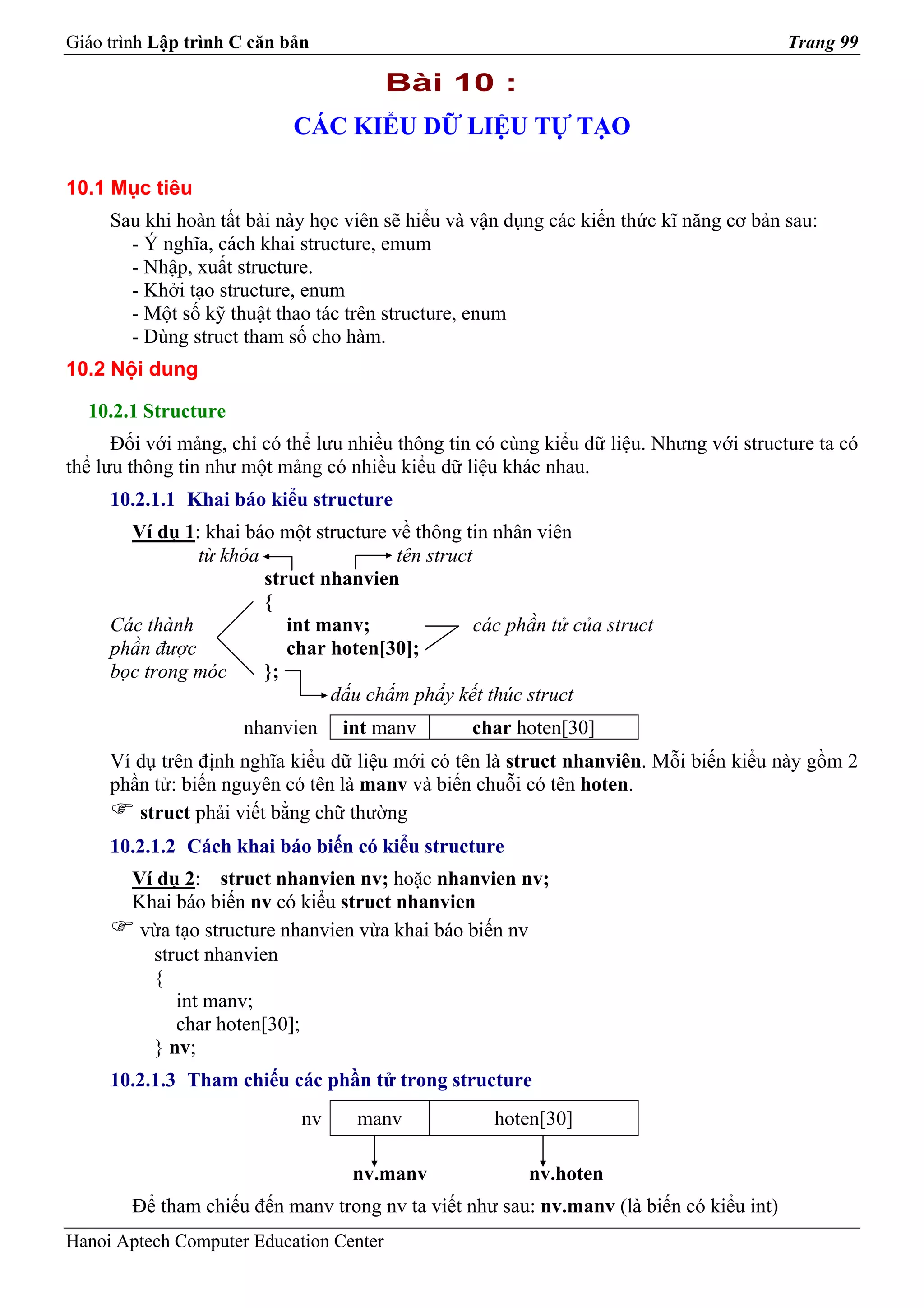 Giáo trình Lập trình C căn bản                                                           Trang 99

                                         Bài 10 :
                            CÁC KIỂU DỮ LIỆU TỰ TẠO

10.1 Mục tiêu
     Sau khi hoàn tất bài này học viên sẽ hiểu và vận dụng các kiến thức kĩ năng cơ bản sau:
       - Ý nghĩa, cách khai structure, emum
       - Nhập, xuất structure.
       - Khởi tạo structure, enum
       - Một số kỹ thuật thao tác trên structure, enum
       - Dùng struct tham số cho hàm.
10.2 Nội dung

  10.2.1 Structure
      Đối với mảng, chỉ có thể lưu nhiều thông tin có cùng kiểu dữ liệu. Nhưng với structure ta có
thể lưu thông tin như một mảng có nhiều kiểu dữ liệu khác nhau.
     10.2.1.1 Khai báo kiểu structure
       Ví dụ 1: khai báo một structure về thông tin nhân viên
               từ khóa                 tên struct
                       struct nhanvien
                       {
     Các thành            int manv;               các phần tử của struct
     phần được            char hoten[30];
     bọc trong móc     };
                               dấu chấm phẩy kết thúc struct
                     nhanvien     int manv        char hoten[30]
     Ví dụ trên định nghĩa kiểu dữ liệu mới có tên là struct nhanviên. Mỗi biến kiểu này gồm 2
     phần tử: biến nguyên có tên là manv và biến chuỗi có tên hoten.
        struct phải viết bằng chữ thường
     10.2.1.2 Cách khai báo biến có kiểu structure
        Ví dụ 2: struct nhanvien nv; hoặc nhanvien nv;
        Khai báo biến nv có kiểu struct nhanvien
         vừa tạo structure nhanvien vừa khai báo biến nv
          struct nhanvien
          {
             int manv;
             char hoten[30];
          } nv;
     10.2.1.3 Tham chiếu các phần tử trong structure
                             nv     manv             hoten[30]

                                   nv.manv               nv.hoten
        Để tham chiếu đến manv trong nv ta viết như sau: nv.manv (là biến có kiểu int)
Hanoi Aptech Computer Education Center
 
