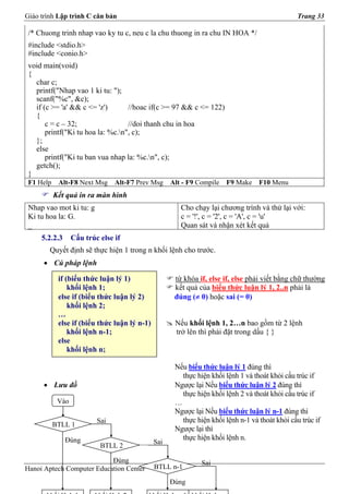 Giáo trình Lập trình C căn bản                                                                  Trang 33

 /* Chuong trinh nhap vao ky tu c, neu c la chu thuong in ra chu IN HOA */
 #include <stdio.h>
 #include <conio.h>
 void main(void)
 {
   char c;
   printf("Nhap vao 1 ki tu: ");
   scanf("%c", &c);
   if (c >= 'a' && c <= 'z')       //hoac if(c >= 97 && c <= 122)
   {
       c = c – 32;                 //doi thanh chu in hoa
       printf("Ki tu hoa la: %c.n", c);
   };
   else
       printf("Ki tu ban vua nhap la: %c.n", c);
   getch();
 }
 F1 Help    Alt-F8 Next Msg     Alt-F7 Prev Msg     Alt - F9 Compile   F9 Make    F10 Menu
           Kết quả in ra màn hình
 Nhap vao mot ki tu: g                                 Cho chạy lại chương trình và thử lại với:
 Ki tu hoa la: G.                                      c = '!', c = '2', c = 'A', c = 'u'
 _                                                     Quan sát và nhận xét kết quả
     5.2.2.3      Cấu trúc else if
        Quyết định sẽ thực hiện 1 trong n khối lệnh cho trước.
      • Cú pháp lệnh

            if (biểu thức luận lý 1)                 từ khóa if, else if, else phải viết bằng chữ thường
                khối lệnh 1;                         kết quả của biểu thức luận lý 1, 2..n phải là
            else if (biểu thức luận lý 2)            đúng (≠ 0) hoặc sai (= 0)
                khối lệnh 2;
            …
            else if (biểu thức luận lý n-1)          Nếu khối lệnh 1, 2…n bao gồm từ 2 lệnh
                khối lệnh n-1;                       trở lên thì phải đặt trong dấu { }
            else
                khối lệnh n;

                                                     Nếu biểu thức luận lý 1 đúng thì
                                                       thực hiện khối lệnh 1 và thoát khỏi cấu trúc if
      • Lưu đồ                                       Ngược lại Nếu biểu thức luận lý 2 đúng thì
                                                       thực hiện khối lệnh 2 và thoát khỏi cấu trúc if
            Vào                                      …
                                                     Ngược lại Nếu biểu thức luận lý n-1 đúng thì
                          Sai                          thực hiện khối lệnh n-1 và thoát khỏi cấu trúc if
           BTLL 1
                                                     Ngược lại thì
               Đúng                                    thực hiện khối lệnh n.
                                              Sai
                           BTLL 2

                           Đúng                               Sai
Hanoi Aptech Computer Education Center        BTLL n-1

                                                    Đúng
 