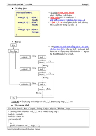 Giáo trình Lập trình C căn bản                                                                      Trang 42

      • Cú pháp lệnh

            switch (biểu thức)                            từ khóa switch, case, break
            {                                             phải viết bằng chữ thường
              case giá trị 1 : lệnh 1;                    biểu thức phải là có kết quả là
                               break;                     giá trị hằng nguyên (char, int, long,…)
              case giá trị 2 : lệnh 2;                    Lệnh 1, 2…n có thể gồm nhiều lệnh, nhưng
                               break;                     không cần đặt trong cặp dấu { }
              …
              case giá trị n : lệnh n;
                               [break;]
            }


      • Lưu đồ
      Vào
                                                           Khi giá trị của biểu thức bằng giá trị i thì lệnh i
                                                          sẽ được thực hiện. Nếu sau lệnh i không có lệnh
   Biểu thức                                              break thì sẽ tiếp tục thực hiện lệnh i + 1…Ngược
    ...                                                   lại thoát khỏi cấu trúc switch.
                                 Đúng
                 = giá trị 1 ?             lệnh 1

                                                        Có
                                           break ?
                                                Không
                                 Đúng
                 = giá trị 2 ?             lệnh 2

                                                        Có
                                           break ?
                                                Không

                                 Đúng
                 = giá trị n ?             lệnh n

                                                     Có
                                           break ?
                                        Không

      Ra
     Ví dụ 12: Viết chương trình nhập vào số 1, 2, 3. In ra tương ứng 1, 2, 3 sao.
     a. Viết chương trình
 File Edit Search Run Compile Debug Project Option Window Help
 /* Chuong trinh nhap vao so 1, 2, 3. In ra so sao tuong ung */
 #include <stdio.h>
 #include <conio.h>
 void main(void)
 {
    int i;
    printf("Nhap vao so 1, 2 hoặc 3: ");
Hanoi Aptech Computer Education Center
 