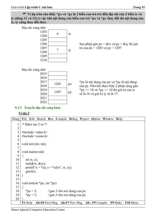Giáo trình Lập trình C căn bản                                                           Trang 91

            Ví dụ trên cho thấy *px và *py là 2 biến con trỏ trỏ đến địa chỉ của 2 biến ix và
iy (dòng 11 và 12),vì vậy khi nội dung của biến con trỏ *px và *py thay đổi thì nội dung của
ix, iy cũng thay đổi theo.
        Địa chỉ vùng nhớ
                     1203
                                  6        ix
                     1204
                     1205
                     1206                          Sau phép gán px = &ix và py = &iy thì giá
                     1207                          trị của px = 1203 và py = 1207
                                  7        iy
                     1208
                     1209
                     1210

        Địa chỉ vùng nhớ
                     2015
                     2016
                     2017                          *px là nội dung của px và *py là nội dung
                                 1203      px
                     2018                          của py. Nên khi thực hiện 2 phép cộng gán
                     2019                          *px += 10 và *py += 10 thì giá trị của ix
                                 1207      py
                     2020                          sẽ là 16 và giá trị iy sẽ là 17.
                     2021
                     2022
  9.2.3 Truyền địa chỉ sang hàm
     Ví dụ 2:
Dòng File Edit Search Run Compile Debug Project Option Window Help
    1   /* Khoi tao 2 so */
    2
    3   #include <stdio.h>
    4   #include <conio.h>
    5
    6   void init (int, int);
    7
    8   void main(void)
    9   {
   10     int ix, iy;
   11     init(&ix, &iy);
   12     printf("x = %d, y = %dn", ix, iy);
   13     getch();
   14   }
   15
   16   void init(int *px, int *py)
   17   {
   18     *px = 3;           //gan 3 cho noi dung cua px
   19     *py = 5;           //gan 5 cho noi dung cua py
   20   }
        F1 Help    Alt-F8 Next Msg    Alt-F7 Prev Msg   Alt - F9 Compile   F9 Make   F10 Menu

Hanoi Aptech Computer Education Center
 