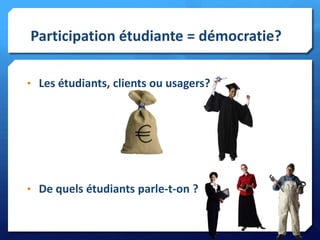 Participation étudiante = démocratie?
• Les étudiants, clients ou usagers?

• De quels étudiants parle-t-on ?

 