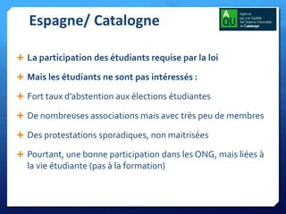 Espagne/ Catalogne
 La participation des étudiants requise par la loi
 Mais les étudiants ne sont pas intéressés :
 Fort taux d’abstention aux élections étudiantes
 De nombreuses associations mais avec très peu de membres
 Des protestations sporadiques, non maitrisées

 Pourtant, une bonne participation dans les ONG, mais liées à

la vie étudiante (pas à la formation)

 