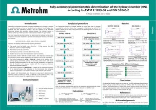 Fully automated potentiometric determination of the hydroxyl number (HN)
according to ASTM E 1899-08 and DIN 53240-2
H. Risse, B. Dehédin and C. Haider
Titration
Analytical procedure
The appropriate amount of sample (defined by ASTM and DIN) is weighed
accurately into a titration beaker that is equipped with a stirring bar and lid. The
beaker is placed on the rack of the system and the following steps are carried out
fully automatically:
DIN 53240-2
Introduction
Hydroxyl is an important functional group and knowledge of its content is required
in many intermediate and end-use products such as polyols, resins, lacquer raw
materials and fats (petroleum industry). The test method to be described
determines primary and secondary hydroxyl groups. The hydroxyl number is
defined as the mg of KOH equivalent to the hydroxyl content of 1 g of sample.
The most frequently described method for determining the hydroxyl number is the
conversion with acetic anhydride in pyridine with subsequent titration of the acetic
ASTM E 1899-08
ASTM E 1899-08 DIN 53240-2
Results
Voltage
[mV]
-400
-300
-200
-100
0
100
ERC
0
20
40
60
80
Oxooil 9N
EP1 = 36.4420 mL
Voltage
[mV]
-200
0
200
400
600
ERC
0
20
40
60
80
Oxooil 13
EP1 = 0.4469 mL
EP2 = 8.1216 mL
228.545yields
Dynamic equivalence point
titration (DET U) with
c(KOH) = 0.5 mol/L
in methanol
Stir under cover for 15 min
Add 3 mL distilled water
Stir under cover for 12 min
Add 30 mL catalyst and
10 mL acetylation mixture
conversion with acetic anhydride in pyridine with subsequent titration of the acetic
acid released:
H3C-CO-O-CO-CH3 + R-OH → R-O-CO-CH3 + CH3COOH
However, this method suffers from the following drawbacks:
 The sample must be boiled under reflux for 1 h (long reaction time and
laborious, expensive sample handling)
 The method cannot be automated
 Small hydroxyl numbers cannot be determined exactly
 Pyridine has to be used, which is both toxic and foul-smelling
Both standards, ASTM E 1899-08 and DIN 53240-2, offer alternative methods that
do not require manual sample preparation and therefore can be fully automated:
 The method suggested in ASTM E 1899-08 is based on the reaction of the
hydroxyl groups attached to primary and secondary carbon atoms with excess
toluene-4-sulfonyl-isocyanate (TSI) to form an acidic carbamate. The latter can
then be titrated in a non-aqueous medium with the strong base tetrabutyl-
ammonium hydroxide (TBAOH).
 The method suggested in DIN 53240-2 is based on the catalyzed acetylation
of the hydroxyl group. After hydrolysis of the intermediate, the remaining
acetic acid is titrated in a non-aqueous medium with alcoholic KOH solution.
The present work demonstrates and discusses an easy way to determine the
Add 10 mL acetonitrile
Stir under cover for 30 s
Add 10 mL TSI
Stir under cover for 5 min
Add 0.5 mL ultrapure water
Add 40 mL acetonitrile
Stir under cover for 60 s
Comparison of the different techniques
ASTM E 1899-08 DIN 53240-2
+ Reaction at room temperature + Reaction at room temperature
+ Covered reaction in an automated run + Covered reaction in an automated run
+ Small hydroxyl numbers are easy to determine + Small hydroxyl numbers are easy to determine
+ No more heating or boiling under reflux + No more heating or boiling under reflux
Alcoholic KOH [mL]
15.0 20.0 25.0 30.0 35.0
Oxooil 9N*
Sample size [g] 1.306 1.226 1.111 Mean*
RSD
HNDIN [mg KOH/g] 102 104 103 103 0.97%
*expected value: 100 mg KOH/g
TBAOH [mL]
0.0 2.0 4.0 6.0 8.0
Oxooil 13*
Sample size [g] 0.322 0.296 0.296 0.308 Mean*
RSD
HNASTM [mg KOH/g] 128 132 134 127 130.0 2.54%
*expected value: 120...130 mg KOH/g
TBAOH [mL]
0.0 2.0 4.0 6.0 8.0
Voltage
[mV]
-100
0
100
200
300
400
ERC
0
20
40
60
80
Lupranol®
2090
EP1 = 0.4828 mL EP2 = 7.4917 mL
Lupranol®
2090*
Sample size [g] 1.274 1.332 1.253 1.303 Mean*
RSD
HNASTM [mg KOH/g] 29.8 29.9 29.9 29.7 29.6 1.39%
*expected value: 30 mg KOH/g; registered trade mark of BASF group in many countries
Alcoholic KOH [mL]
15.0 20.0 25.0 30.0 35.0
Voltage
[mV]
-400
-300
-200
-100
0
100
ERC
0
20
40
60
80
Lupranol®
VP 9346
EP1 = 32.7218 mL
Lupranol®
VP 9346*
Sample size [g] 0.535 0.538 0.430 Mean*
RSD
HNDIN [mg KOH/g] 446 448 451 448 0.56%
*expected value: 400...450 mg KOH/g; registered trade mark of BASF group in many
*countries
Metrohm AG, CH-9101 Herisau/Switzerland, rh@metrohm.com, phone +41 71 353 86 48
Download a copy of this poster from http://products.metrohm.com (search for 8.000.6047EN).
After the titration, the electrode and the cell equipment are automatically rinsed;
subsequently, the electrode is conditioned in ethanol and distilled water.
Calculation
ASTM
(EP2 EP1) Conc. 56.106 Titer
HN
Sample size
− × × ×
− × × ×
− × × ×
− × × ×
=
=
=
=
HN: Hydroxyl number in mg KOH per g sample
EP1: Titrant consumption up to the first endpoint in mL
EP2: Titrant consumption up to the second endpoint in mL
Blank*: Blank value of solvent and reagents
Conc.: Concentration of the titrant used
*The blank value is extremely important for the calculation and has an approximate value of 40 mL. It has to be verified daily.
56.106: Molecular weight of KOH in g/mol
Titer: Titer of the titrant used (dimensionless)
Sample size: Sample size in g
TAN: Previously determined total acid
number (TAN) in mg KOH per g sample
DIN
(Blank EP1) Conc. 56.106 Titer
HN + TAN
Sample size
− × × ×
− × × ×
− × × ×
− × × ×
=
=
=
=
The present work demonstrates and discusses an easy way to determine the
hydroxyl number according to ASTM E 1899-08 or DIN 53240-2 with a fully
automated titrimetric system for a great variety of industrial oil samples.
Instrumentation
 814 USB Sample Processor
 809 Titrando
 800 Dosino
 Solvotrode
 tiamo™ software
Add 40 mL acetonitrile
Dynamic equivalence point
titration (DET U) with
c(TBAOH) = 0.1 mol/L in
isopropanol/methanol
Conclusion
The presented titration system can be used for the fully automated determination
of the hydroxyl number (HN) according to ASTM or DIN. The method allows, for
example, the determination of polyols and oxooils without boiling under reflux or
other sample preparation and is therefore a big benefit for laboratories that have
to analyze a great number of these samples per day.
References
(1) ASTM E 1899-08, Standard test method for hydroxyl groups using reaction with p-toluene-
sulfonylisocyanate (TSI) and potentiometric titration with tetrabutylammonium hydroxide.
(2) DIN 53240-2, Determination of hydroxyl value – Part 2: method with catalyst.
Acknowledgements
The authors thank BASF SE, Ludwigshafen, Germany, for providing the Oxooil and Lupranol®
samples.
+ No more heating or boiling under reflux + No more heating or boiling under reflux
+
Easy procedure – only one single titration.
No blank titration necessary
+ Very good standard deviation and recovery
+ Short reaction time
 