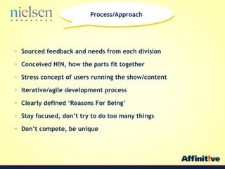 Sourced feedback and needs from each division Conceived H!N, how the parts fit together Stress concept of users running the show/content Iterative/agile development process Clearly defined Reasons For Being Stay focused, dont try to do too many things  Dont compete, be unique Process/Approach 
