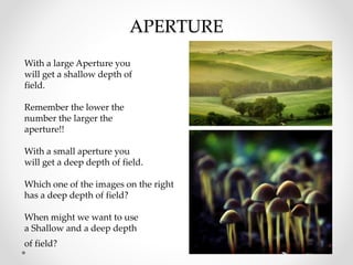 APERTURE
With a large Aperture you
will get a shallow depth of
field.
Remember the lower the
number the larger the
aperture!!
With a small aperture you
will get a deep depth of field.
Which one of the images on the right
has a deep depth of field?
When might we want to use
a Shallow and a deep depth
of field?
 
