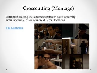 Crosscutting (Montage)
Definition: Editing that alternates between shots occurring
simultaneously in two or more different locations
The Godfather
 