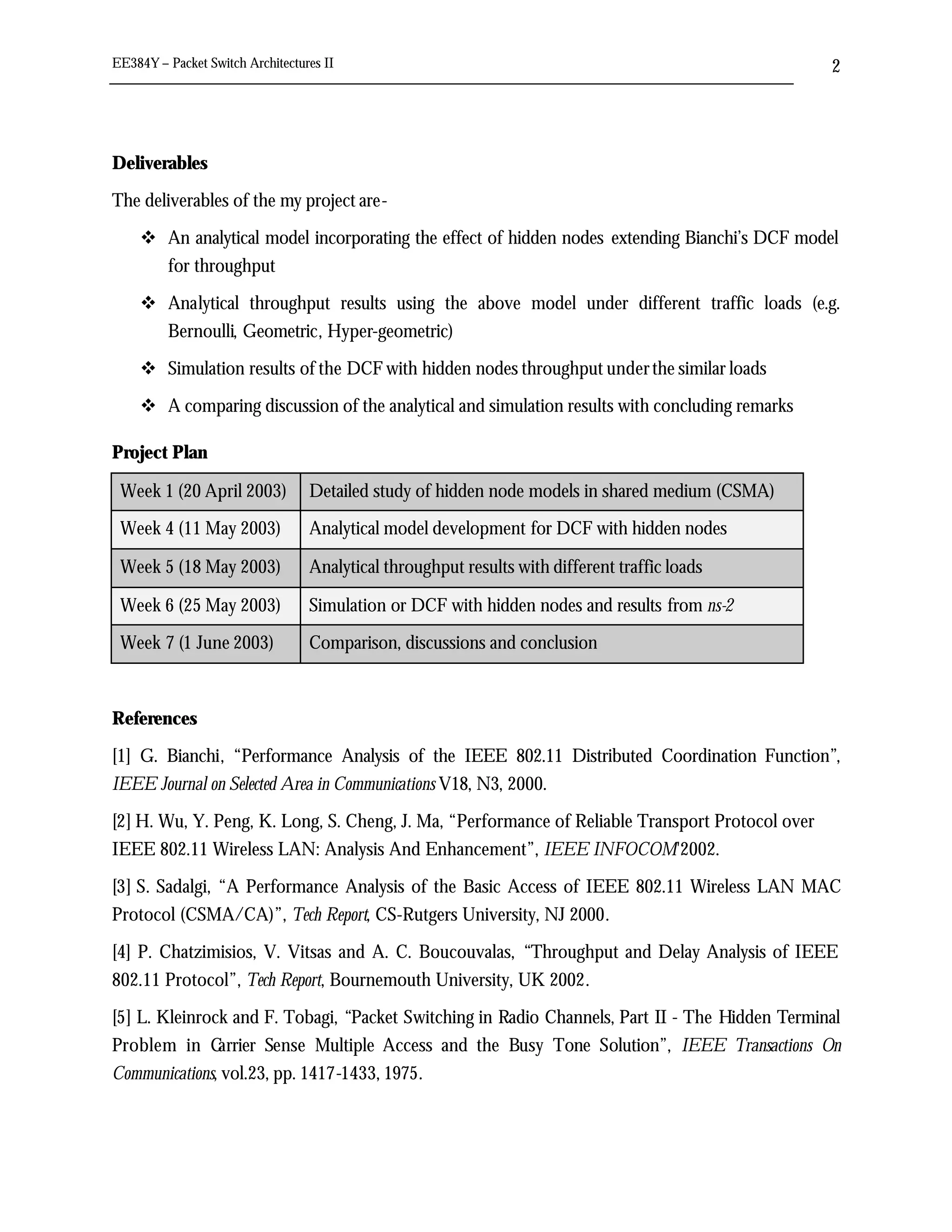 EE384Y – Packet Switch Architectures II                                                          2




Deliverables

The deliverables of the my project are-

    v An analytical model incorporating the effect of hidden nodes extending Bianchi’s DCF model
      for throughput

    v Analytical throughput results using the above model under different traffic loads (e.g.
      Bernoulli, Geometric, Hyper-geometric)

    v Simulation results of the DCF with hidden nodes throughput under the similar loads

    v A comparing discussion of the analytical and simulation results with concluding remarks

Project Plan

 Week 1 (20 April 2003)           Detailed study of hidden node models in shared medium (CSMA)

 Week 4 (11 May 2003)             Analytical model development for DCF with hidden nodes

 Week 5 (18 May 2003)             Analytical throughput results with different traffic loads

 Week 6 (25 May 2003)             Simulation or DCF with hidden nodes and results from ns-2

 Week 7 (1 June 2003)             Comparison, discussions and conclusion



References

[1] G. Bianchi, “Performance Analysis of the IEEE 802.11 Distributed Coordination Function”,
IEEE Journal on Selected Area in Communications V18, N3, 2000.

[2] H. Wu, Y. Peng, K. Long, S. Cheng, J. Ma, “Performance of Reliable Transport Protocol over
IEEE 802.11 Wireless LAN: Analysis And Enhancement”, IEEE INFOCOM'2002.

[3] S. Sadalgi, “A Performance Analysis of the Basic Access of IEEE 802.11 Wireless LAN MAC
Protocol (CSMA/CA)”, Tech Report, CS-Rutgers University, NJ 2000.

[4] P. Chatzimisios, V. Vitsas and A. C. Boucouvalas, “Throughput and Delay Analysis of IEEE
802.11 Protocol”, Tech Report, Bournemouth University, UK 2002.

[5] L. Kleinrock and F. Tobagi, “Packet Switching in Radio Channels, Part II - The Hidden Terminal
Problem in C   arrier Sense Multiple Access and the Busy Tone Solution”, IEEE Transactions On
Communications, vol.23, pp. 1417-1433, 1975.
 
