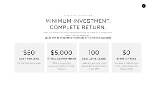 3
MINIMUM INVESTMENT.
COMPLETE RETURN.
C A M P A I G N O V E R V I E W
A f te r i n i t i a l b a tc h o f l e a d s , a d j u s t m e n t s m a y b e m a d e f o r a l o n g e r te r m ,
h i g h e r - v o l u m e a g r e e m e n t .
L E A D S M AY B E P U R C H A S E D I N B AT C H E S O F 5 0 M I N I M U M Q U A N T I T Y
$50
For the f irst batch leads.
COST PER LEAD
$5,000
100% of investment
returned in leads, no matter
the cost.
INITIAL COMMITTMENT
100
Leads are real-time, in the
desired geo and interested
in the offer.
EXCLUSIVE LEADS
$0
Our goal is to build long-
term relationships with
happy clients.
START UP FEES
 