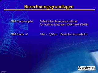 Berechnungsgrundlagen EBM Punktevergabe  Einheitlicher Bewertungsmaßstab für ärztliche Leistungen (KVB Stand 3/2009) EBM Punkte - € 1Pkt  =  3,5Cent (Deutscher Durchschnitt) 