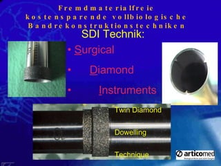 SDI Technik: Fremdmaterialfreie kostensparende vollbiologische Bandrekonstruktionstechniken Twin Diamond Dowelling Technique S urgical D iamond I nstruments 