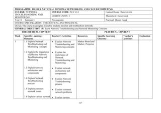 127
PROGRAMME: HIGHER NATIONAL DIPLOMA NETWORKING AND CLOUD COMPUTING
COURSE: NETWORK
TROUBLESHOOTING AND
MONITORING
COURSE CODE: NCC 414 Contact Hours: 3hours/week
CREDIT UNITS: 3 Theoretical: 1hour/week
Year: II Semester: I Pre-requisite: Practical: 2hours /week
COURSE SPECIFICATION: THEORETICAL AND PRACTICAL
GOAL: The course is designed to enable students monitor and troubleshoot networks
GENERAL OBJECTIVE 1.0: Know Network Troubleshooting and Network Monitoring Concepts
THEORETICAL CONTENT PRACTICAL CONTENT
Week Specific Learning
Outcome
Teacher’s Activities Resources Specific Learning
Outcome
Teacher’s
Activities
Evaluation
1 1.1 Explain Network
Troubleshooting and
Monitoring concepts
1.2 Explain the importance
of effective Network
Troubleshooting and
Monitoring
1.3 Explain network
architecture and
components
1.4 Explain Network
Troubleshooting
process
1.5 Explain common
network issues
1.6 Explain various network
• Explain Network
Troubleshooting and
Monitoring concepts
• Explain the
importance of
Network
Troubleshooting and
Monitoring
• Explain network
architecture and
components
• Explain Network
Troubleshooting
process
• Explain common
network problems
• Explain various
Marker Board and
Marker, Projector
 