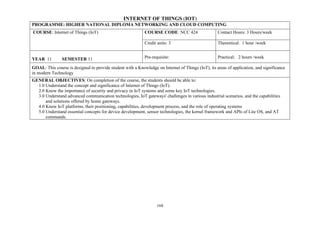 168
INTERNET OF THINGS (IOT)
PROGRAMME: HIGHER NATIONAL DIPLOMA NETWORKING AND CLOUD COMPUTING
COURSE: Internet of Things (IoT) COURSE CODE: NCC 424 Contact Hours: 3 Hours/week
Credit units: 3 Theoretical: 1 hour /week
YEAR 11 SEMESTER 11 Pre-requisite: Practical: 2 hours /week
GOAL: This course is designed to provide student with a Knowledge on Internet of Things (IoT), its areas of application, and significance
in modern Technology
GENERAL OBJECTIVES: On completion of the course, the students should be able to:
1.0 Understand the concept and significance of Internet of Things (IoT).
2.0 Know the importance of security and privacy in IoT systems and some key IoT technologies.
3.0 Understand advanced communication technologies, IoT gateways' challenges in various industrial scenarios, and the capabilities
and solutions offered by home gateways.
4.0 Know IoT platforms, their positioning, capabilities, development process, and the role of operating systems
5.0 Understand essential concepts for device development, sensor technologies, the kernel framework and APIs of Lite OS, and AT
commands.
 