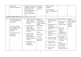 31
popular local
virtualization platforms.
• Explain the features and
capabilities of popular
hosted hypervisors,
using examples such as
Oracle Virtual Box,
Vmware Workstation,
etc
Pictorials,
PowerPoint
slides, etc.
different virtual
machines,
Create snapshots,
clones, and manage the
VM.
GENERAL OBJECTIVE 3.0: Know Cloud Service Providers.
4-7 3.1 Explain major cloud
service providers using
virtualization
3.2 Describe features,
pricing models, and use
cases of different
providers.
3.3 Explain how to use
proxmox for
virtualization
• Explain AWS virtual
services features,
pricing models and
use cases
• Explain Microsoft
Azure virtual
offerings features,
pricing models and
use cases.
• Explain Google
Cloud Virtual
Solution features,
pricing models and
use cases
• Explain how to use
proxmox for
virtualizations
Internet,
Amazon EC2,
Azure VM, or
Google Compute
Engine,
Multi-media
Projector,
Lecture notes,
Marker,
Whiteboard,
Computer,
PowerPoint
slides, etc.
• Setup 2 servers and
install hypervisor
type 1
• Prepare the servers
by enabling
virtualization in the
BIOS set up
• Install proxmox or
any other
Hypervisor Type 1
software
• Set up networking
On server 2 only:
• Set up shared
storage on server
• Configure cluster
• Create virtual
machines
Guide students to:
• Setup 2 servers
and install
hypervisor type
1
• Prepare the
servers by
enabling
virtualization in
the BIOS set up
• Install proxmox
or any other
Hypervisor Type
1 software
• Set up
networking On
server 2 only:
• Set up shared
storage on server
Describe
features, pricing
models, and use
cases of
different
providers.
 