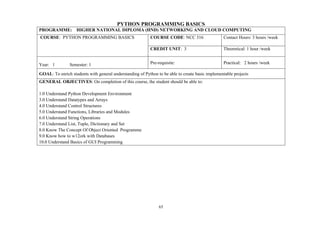 65
PYTHON PROGRAMMING BASICS
PROGRAMME: HIGHER NATIONAL DIPLOMA (HND) NETWORKING AND CLOUD COMPUTING
COURSE: PYTHON PROGRAMMING BASICS COURSE CODE: NCC 316 Contact Hours: 3 hours /week
CREDIT UNIT: 3 Theoretical: 1 hour /week
Year: 1 Semester: 1 Pre-requisite: Practical: 2 hours /week
GOAL: To enrich students with general understanding of Python to be able to create basic implementable projects
GENERAL OBJECTIVES: On completion of this course, the student should be able to:
1.0 Understand Python Development Environment
3.0 Understand Datatypes and Arrays
4.0 Understand Control Structures
5.0 Understand Functions, Libraries and Modules
6.0 Understand String Operations
7.0 Understand List, Tuple, Dictionary and Set
8.0 Know The Concept Of Object Oriented Programme
9.0 Know how to w12ork with Databases
10.0 Understand Basics of GUI Programming
 