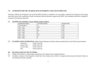 7
7.0 CONDITIONS FOR THE AWARD OF HND NETWORKING AND CLOUD COMPUTING
Institutions offering this Programme will award the HND certificate to candidates who successfully completed the Programme after passing
prescribed course work, examinations, Project and Industry-based certification as approved by NBTE. Such candidates should have completed a
minimum of 85 semester credit units.
7.1 GRADING OF COURSES: Courses shall be graded as follows:
MARKED RANGE LETTER GRADE
GRADE
WEIGHTING
75% and above A 4.00
70% – 74% AB 3.50
65% – 69% B 3.25
60% – 64% BC 3.00
55% – 59% C 2.75
50% – 54% CD 2.50
45% – 49% D 2.25
40% – 44% E 2.00
7.2 CLASSIFICATION OF DIPLOMAS: Higher National Diploma Certificates shall be awarded based on the following classifications:
Distinction - CGPA 3.50-4.00
Upper Credit - CGPA 3.00-3.49
Lower Credit - CGPA 2.50-2.99
Pass - CGPA 2.00-2.49
8.0 QUALIFICATION OF THE TEACHERS:
8.1 Holders of B.Sc/HND or a higher degree qualifications in Computer Science related disciplines
8.2 In addition, teachers of this programme should have been trained and certified by recognized professional and industrial bodies in
Networking and Cloud Computing.
 