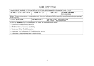 83
CLOUD COMPUTING 1
PROGRAMME: HIGHER NATIONAL DIPLOMA (HND) NETWORKING AND CLOUD COMPUTING
COURSE: CLOUD COMPUTING I CODE: NCC 322 Credit Unit: 3 CONTACT HOURS: 3
HOURS/WEEK
GOAL: This course is designed to equip students with theoretical and practical skills required to gain a foundational understanding of
cloud computing.
YEAR: 1 SEMESTER: 1 PRE-REQUISITE: THEORETICAL: 2 HOURS/WEEK
PRACTICAL: 1 HOURS/WEEK
GENERAL OBJECTIVES: On completion of the course, the student should be able to:
2.0 Understand Cloud Computing Overview.
3.0 2.0 Understand Cloud Economics And Billing
4.0 Understand Global Cloud Infrastructure
5.0 Understand The Fundamentals Of Cloud Computing Security
6.0 Understand Cloud Networking And Content Delivery
 