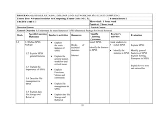 95
PROGRAMME: HIGHER NATIONAL DIPLOMA (HND) NETWORKING AND CLOUD COMPUTING
Course Title: Advanced Statistics for Computing Course Code: NCC 323 Contact Hours: 3
CREDIT UNITS: 3 Theoretical: 1 hour /week
Practical: 2 hour /week
Theoretical Content Practical Content
General Objective 1: Understand the main features of SPSS (Statistical Package for Social Science)
Week Specific Learning
Outcomes
Teacher’s activities Resources
Specific
Learning
Outcomes
Teacher’s
activities
Evaluation
1-2 1.1 Define SPSS
Package
1.2 Explain SPSS
general features
1.3 Explain the
Importance of SPSS
1.4 Describe File
management in
SPSS
1.5 Explain data
file Storage and
Retrieval
• Explain
the main
features of
SPSS
• Explain the
general aspect,
workflow and
critical issues
• Explain
Functions,
Menus and
commands
• Explain file
management in
SPSS
• Explain data file
Storage and
Retrieval
Books of
recorded
statistics
Internet
Install SPSS
Identify the features
in SPSS
Guide students to:
• Install SPSS
• Identify the
features in SPSS
Explain SPSS
Identify general
Features of SPSS
Explain Sorting,
Transpose in SPSS
Explain how to store
and retrievefiles
 