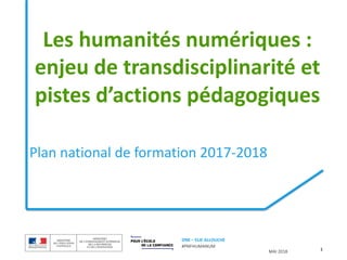 MAI 2018
DNE – ELIE ALLOUCHE
#PNFHUMANUM
Plan national de formation 2017-2018
1
Les humanités numériques :
enjeu de transdisciplinarité et
pistes d’actions pédagogiques
 