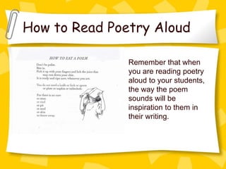 How to Read Poetry Aloud

               Remember that when
               you are reading poetry
               aloud to your students,
               the way the poem
               sounds will be
               inspiration to them in
               their writing.
 