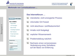 Institut für Erziehungswissenschaft
                                                                 Fakultät für Kulturwissenschaften


             Merkmale von Lernsituationen ...


                                 Das Internetforum …
                                     intendierter, nicht arrangierter Prozess

                                     informeller Ort Freizeit
Beispiel 4




                                     nicht abschluss-/ zertifikatsorientiert

                                     Inhalte nicht festgelegt

                                     expliziter Wissenserwerb

                                     Problemstellung natürlich

                                     Nachweis eines Lernprozesses:
                                     Veränderung eines Verhaltens
                                     auf der Basis von Erfahrung



                                                                                                © Herzig 2012 I 11 I
 