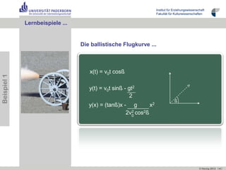 Institut für Erziehungswissenschaft
                                                                   Fakultät für Kulturwissenschaften


             Lernbeispiele …
                           ...


                                 Die ballistische Flugkurve ...



                                    x(t) = v0t cosß
Beispiel 1




                                    y(t) = v0t sinß - gt2
                                                       2
                                                                                ß
                                    y(x) = (tanß)x - g        x2
                                                    2v0 cos2ß
                                                      2




                                                                                                  © Herzig 2012 I 4 I
 