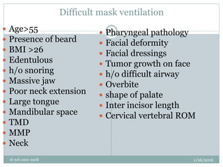 Difficult mask ventilation
1/16/2016
dr nck cmcc nasik
28
 Age>55
 Presence of beard
 BMI >26
 Edentulous
 h/o snoring
 Massive jaw
 Poor neck extension
 Large tongue
 Mandibular space
 TMD
 MMP
 Neck
 Pharyngeal pathology
 Facial deformity
 Facial dressings
 Tumor growth on face
 h/o difficult airway
 Overbite
 shape of palate
 Inter incisor length
 Cervical vertebral ROM
 
