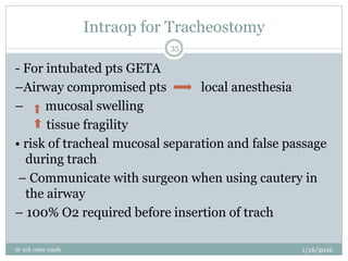 Intraop for Tracheostomy
1/16/2016
dr nck cmcc nasik
35
- For intubated pts GETA
–Airway compromised pts local anesthesia
– mucosal swelling
tissue fragility
• risk of tracheal mucosal separation and false passage
during trach
– Communicate with surgeon when using cautery in
the airway
– 100% O2 required before insertion of trach
 
