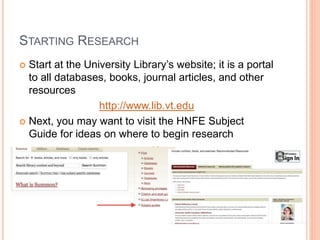  Start at the University Library’s website; it is a portal
to all databases, books, journal articles, and other
resources
http://www.lib.vt.edu
 Next, you may want to visit the HNFE Subject
Guide for ideas on where to begin research
STARTING RESEARCH
 