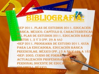 Bibliografía:
•SEP 2011. Plan de Estudios 2011. Educación
Básica. México. Capítulo II. Características
del Plan de Estudios 2011. Educación Básica
puntos 1, 2 y 3 (pp. 29 a 44)
•SEP 2011. Programa de Estudio 2011. Guía
para la Educadora. Educación Básica
Preescolar. México (pp. 13 a 86 y 129 a 183).
•SEP: 2005. Curso de Formación y
Actualización Profesional para el
personal docente de educación Preescolar.
Volumen I. México.
•SEP. 2005. Curso de Formación y
 