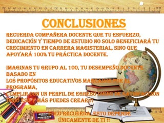 Conclusiones
Recuerda compañera docente que tu esfuerzo,
dedicación y tiempo de estudio no solo beneficiará tu
crecimiento en carrera magisterial, sino que
apoyará 100% tu práctica docente.
Imaginas tu grupo al 100, tu desempeño docente
basado en
Los propósitos educativos marcados por el
programa,
Cumplir con un perfil de egreso digno de satisfacción
Todo eso y más puedes crear!!!
Solo recuerda, esto depende
únicamente de ti !!
 