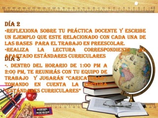 Día 2
•Reflexiona sobre tu práctica docente y escribe
un ejemplo que este relacionado con cada una de
las bases para el trabajo en preescolar.
•Realiza la lectura correspondiente al
apartado estándares curriculares
Día 3
•. Dentro del horario de 1:oo PM a
2:00 PM, te reunirás con tu equipo de
trabajo y jugarán “caricaturas”,
tomando en cuenta la lectura
“estándares curriculares”
 
