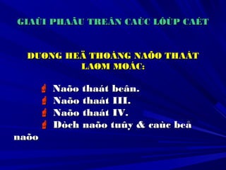 GIAÛI PHAÃU TREÂN CAÙC LÔÙP CAÉTGIAÛI PHAÃU TREÂN CAÙC LÔÙP CAÉT
DUØNG HEÄ THOÁNG NAÕO THAÁTDUØNG HEÄ THOÁNG NAÕO THAÁT
LAØM MOÁC:LAØM MOÁC:
 Naõo thaát beân.Naõo thaát beân.
 Naõo thaát III.Naõo thaát III.
 Naõo thaát IV.Naõo thaát IV.
 Dòch naõo tuûy & caùc beåDòch naõo tuûy & caùc beå
naõonaõo
 