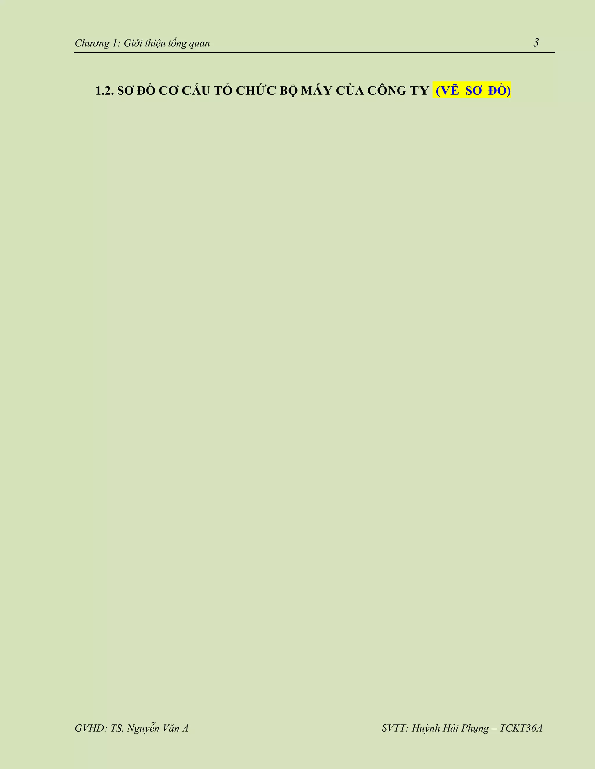 GVHD: TS. Nguyễn Văn A SVTT: Huỳnh Hải Phụng – TCKT36A
Chương 1: Giới thiệu tổng quan 3
1.2. SƠ ĐỒ CƠ CẤU TỔ CHỨC BỘ MÁY CỦA CÔNG TY (VẼ SƠ ĐỒ)
 