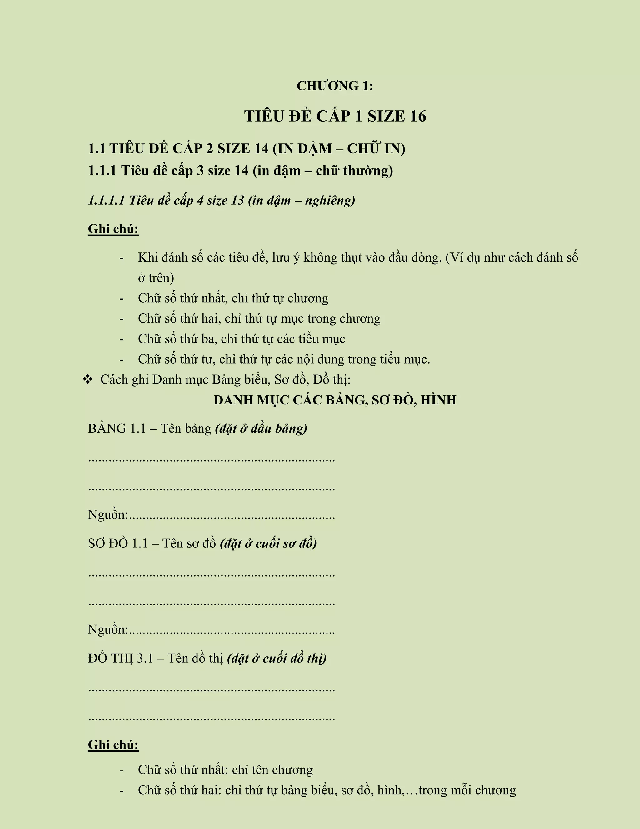 CHƯƠNG 1:
TIÊU ĐỀ CẤP 1 SIZE 16
1.1 TIÊU ĐỀ CẤP 2 SIZE 14 (IN ĐẬM – CHỮ IN)
1.1.1 Tiêu đề cấp 3 size 14 (in đậm – chữ thường)
1.1.1.1 Tiêu đề cấp 4 size 13 (in đậm – nghiêng)
Ghi chú:
- Khi đánh số các tiêu đề, lưu ý không thụt vào đầu dòng. (Ví dụ như cách đánh số
ở trên)
- Chữ số thứ nhất, chỉ thứ tự chương
- Chữ số thứ hai, chỉ thứ tự mục trong chương
- Chữ số thứ ba, chỉ thứ tự các tiểu mục
- Chữ số thứ tư, chỉ thứ tự các nội dung trong tiểu mục.
 Cách ghi Danh mục Bảng biểu, Sơ đồ, Đồ thị:
DANH MỤC CÁC BẢNG, SƠ ĐỒ, HÌNH
BẢNG 1.1 – Tên bảng (đặt ở đầu bảng)
.........................................................................
.........................................................................
Nguồn:.............................................................
SƠ ĐỒ 1.1 – Tên sơ đồ (đặt ở cuối sơ đồ)
.........................................................................
.........................................................................
Nguồn:.............................................................
ĐỒ THỊ 3.1 – Tên đồ thị (đặt ở cuối đồ thị)
.........................................................................
.........................................................................
Ghi chú:
- Chữ số thứ nhất: chỉ tên chương
- Chữ số thứ hai: chỉ thứ tự bảng biểu, sơ đồ, hình,…trong mỗi chương
 