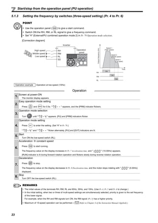 23
Start/stop from the operation panel (PU operation)
5.1.3 Setting the frequency by switches (three-speed setting) (Pr. 4 to Pr. 6)
POINT
Use the operation panel ( ) to give a start command.
Switch ON the RH, RM, or RL signal to give a frequency command.
Set "4" (External/PU combined operation mode 2) in Pr. 79 Operation mode selection.
[Connection diagram]
Operation example Operation at low speed (10Hz)
Operation
1.
Screen at power-ON
The monitor display appears.
2.
Easy operation mode setting
Press and for 0.5s. " " appears, and the [PRM] indicator flickers.
3.
Operation mode selection
Turn until " " appears. [PU] and [PRM] indicators flicker.
4.
Operation mode setting
Press to enter the setting. (Set "4" in Pr. 79.)
" " and " " flicker alternately. [PU] and [EXT] indicators are lit.
5.
Start
Turn ON the low-speed switch (RL).
6.
Acceleration constant speed
Press to start running.
The frequency value on the display increases in Pr. 7 Acceleration time, and " " (10.00Hz) appears.
[RUN] indicator is lit during forward rotation operation and flickers slowly during reverse rotation operation.
7.
Deceleration
Press to stop.
The frequency value on the display decreases in Pr. 8 Deceleration time, and the motor stops rotating with " " (0.00Hz)
displayed.
8.
Stop
Turn OFF the low-speed switch (RL).
REMARKS
The initial values of the terminals RH, RM, RL are 60Hz, 30Hz, and 10Hz. (Use Pr. 4, Pr. 5 and Pr. 6 to change.)
In the initial setting, when two or three of multi-speed settings are simultaneously selected, priority is given to the set frequency
of the lower signal.
For example, when the RH and RM signals turn ON, the RM signal (Pr. 5) has a higher priority.
Maximum of 15-speed operation can be performed. ( Refer to Chapter 4 of the Instruction Manual (Applied).)
SD
RH
RM
RL
Inverter
Operation
panel
High speed
Middle speed
Low speed
ON
ON
ON
Outputfrequency(Hz)
Speed 1
(High speed)
Speed 2
(Middle speed)
Speed 3
(Low speed)
RH
RM
RL
Time
 