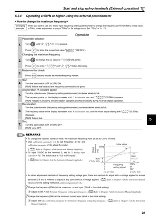 28
Start and stop using terminals (External operation)
5
5.2.4 Operating at 60Hz or higher using the external potentiometer
< How to change the maximum frequency>
Changing
example
When you want to use 0 to 5VDC input frequency setting potentiometer to change the frequency at 5V from 60Hz (initial value)
to 70Hz, make adjustment to output "70Hz" at 5V voltage input. Set "70Hz" in Pr. 125.
Operation
1.
Parameter selection
Turn until " " (Pr. 125) appears.
Press to show the present set value " " (60.00Hz).
2.
Changing the maximum frequency
Turn to change the set value to " "(70.00Hz).
Press to enter. " " and " " flicker alternately.
3.
Mode/monitor check
Press twice to choose the monitor/frequency monitor.
4.
Start
Turn the start switch (STF or STR) ON.
[RUN] flickers fast because the frequency command is not given.
5.
Acceleration constant speed
Turn the potentiometer (frequency setting potentiometer) clockwise slowly to full.
The frequency value on the display increases in Pr. 7 Acceleration time, and " " (70.00Hz) appears.
[RUN] indicator is lit during forward rotation operation and flickers slowly during reverse rotation operation.
6.
Deceleration
Turn the potentiometer (frequency setting potentiometer) counterclockwise slowly to full.
The frequency value on the display decreases in Pr. 8 Deceleration time, and the motor stops rotating with " " (0.00Hz)
displayed.
[RUN] flickers fast.
7.
Stop
Turn the start switch (STF or STR) OFF.
[RUN] turns OFF.
REMARKS
To change the value to 120Hz or more, the maximum frequency must be set to 120Hz or more.
Use calibration parameter C2 to set frequency at 0V and
calibration parameter C0 to adjust the meter.
( Refer to Chapter 4 of the Instruction Manual (Applied)).
To input 10VDC to the terminal 2, set Pr.73 Analog input
selection = "0". The initial value is "1 (0 to 5V input)".
( Refer to Chapter 4 of the Instruction Manual (Applied).)
As other adjustment methods of frequency setting voltage gain, there are methods to adjust with a voltage applied to across
terminals 2-5 and a method to adjust at any point without a voltage applied. ( Refer to Chapter 4 of the Instruction Manual
(Applied) for the setting method of calibration parameter C4.)
Change the frequency (60Hz) at the maximum current input (20mA in the initial setting)
Adjust it with Pr.126 Terminal 4 frequency setting gain frequency. ( Refer to Chapter 4 of the Instruction Manual (Applied).)
Change the frequency (0Hz) at the minimum current input (4mA in the initial setting)
Adjust with the calibration parameter C5 Terminal 4 frequency setting bias frequency. ( Refer to Chapter 4 of the Instruction
Manual (Applied).)
Initial value
Bias
C2 (Pr. 902)
0
0
Frequency
setting signal
100%
10V
0 5V
C3 (Pr. 902) C4 (Pr. 903)
Gain
Pr. 125
Output
frequency
(Hz)
60Hz
 