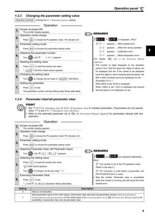 4
Operation panel
1
1.2.3 Changing the parameter setting value
1.2.4 Parameter clear/all parameter clear
Operation example Change the Pr. 1 Maximum frequency setting.
Operation
1. Screen at power-ON
The monitor display appears.
2.
Operation mode change
Press to choose the PU operation mode. PU indicator is lit.
3.
Parameter setting mode
Press to choose the parameter setting mode.
4.
Selecting the parameter number
Turn until (Pr. 1) appears.
5.
Reading the setting value
Press to read the present set value.
" "(120.0Hz (initial value)) appears.
6.
Changing the setting value
Turn to change the set value to " " (60.00Hz).
7.
Setting the parameter
Press to set.
The parameter number and the setting value flicker alternately.
POINT
Set "1" in Pr.CL Parameter clear or ALLC all parameter clear to initialize parameters. (Parameters are not cleared
when "1" is set in Pr. 77 Parameter write selection.)
Refer to the extended parameter list of the Instruction Manual (Applied) for parameters cleared with this
operation.
Operation
1. Screen at power-ON
The monitor display appears.
2.
Operation mode change
Press to choose the PU operation mode. PU indicator is lit.
3.
Parameter setting mode
Press to choose the parameter setting mode.
4.
Selecting Parameter Clear (All Parameter Clear)
Turn until ( ) appears.
5.
Selecting the setting value
Press to read the present set value.
" "(initial value) appears.
Turn to change it to the set value " ".
6.
Executing Parameter Clear
Press to set.
" " and Pr. CL (ALLC) indications flicker alternately.
Setting Description
0 Clear is not executed.
1
Sets parameters back to the initial values. (Parameter clear sets back all parameters except calibration parameters,
terminal function selection parameters to the initial values.) Refer to the parameter list of the Instruction Manual (Applied) for
availability of parameter clear and all parameter clear.
REMARKS
is displayed...Why?
appears .....Write disable error
appears .....Write error during operation
appears .....Calibration error
appears .....Mode designation error
(For details, refer to the Instruction Manual
(Applied).)
The number of digits displayed on the operation
panel is four. Only the upper four digits of values can
be displayed and set. If the values to be displayed
have five digits or more including decimal places, the
fifth or later numerals cannot be displayed nor set.
(Example) For Pr. 1
When 60Hz is set, 60.00 is displayed.
When 120Hz is set, 120.0 is displayed and second
decimal place is not displayed nor set.
to
REMARKS
are displayed alternately ...
Why?
The inverter is not in the PU operation mode.
(Refer to the step 2.)
PU connector is used (when a parameter unit
(FR-PU04/FR-PU07) is used).
Stop the inverter. Parameter clear is unavailable
when the inverter is running, and will cause the write
disable error.
and
 