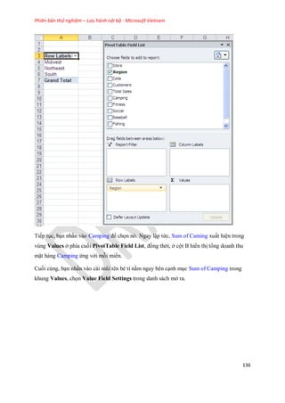 Phiên bản thử nghiệm – Lưu hành nội bộ - Microsoft Vietnam
136
Ti p tục, bạn nhấn vào Camping để ch n nó. Ngay lập tức, Sum of Caming xuất hiện trong
vùng Values ở phía cu i PivotTable Field List, đồng thời, ở cột B hiển thị tổng doanh thu
mặt hàng Camping ứng với mỗi miền.
Cu i cùng, bạn nhấn vào cái mũi tên bé tí nằm ngay bên cạnh mục Sum of Camping trong
khung Values, ch n Value Field Settings trong danh sách mở ra.
 