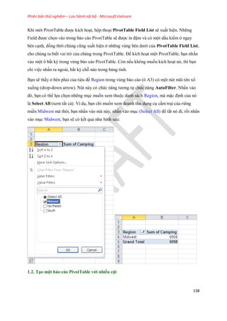 Phiên bản thử nghiệm – Lưu hành nội bộ - Microsoft Vietnam
138
Khi môt PivotTable được kích hoạt, hộp thoại PivotTable Field List sẽ xuất hiện. Những
Field được ch n vào trong báo cáo PivotTable sẽ được in đậm và có một dấu kiểm ở ngay
bên cạnh, đồng thời chúng cũng xuất hiện ở những vùng bên dưới của PivotTable Field List,
cho chúng ta bi t vai trò của chúng trong PivotTable. Để kích hoạt một PivotTable, bạn nhấn
vào một ô bất kỳ trong vùng báo cáo PivotTable. Còn n u không mu n kích hoạt nó, thì bạn
chỉ việc nhấn ra ngoài, bất kỳ chỗ nào trong bảng tính.
Bạn sẽ thấy ở bên phải của tiêu đề Region trong vùng báo cáo (ô A3) có một nút mũi tên xổ
xu ng (drop-down arrow). Nút này có chức năng tương t chức năng AutoFilter. Nhấn vào
đó, bạn có thể l a ch n những mục mu n xem thuộc danh sách Region, mà mặc định của nó
là Select All (xem tất cả). Ví dụ, bạn chỉ mu n xem doanh thu dụng cụ cắm trại của riêng
miền Midwest mà thôi, bạn nhấn vào nút này, nhấn vào mục (Select All) để tắt nó đi, rồi nhấn
vào mục Midwest, bạn sẽ có k t quả như hình sau:
1.2. Tạo một báo cáo PivotTable với nhiều cột
 